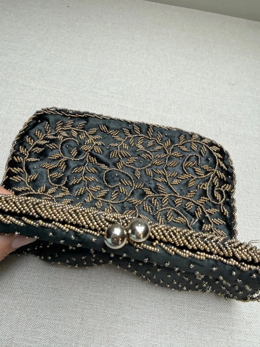 Vintage Hong Kong Victorian Style Black and Gold Beaded Clutch Formal Evening